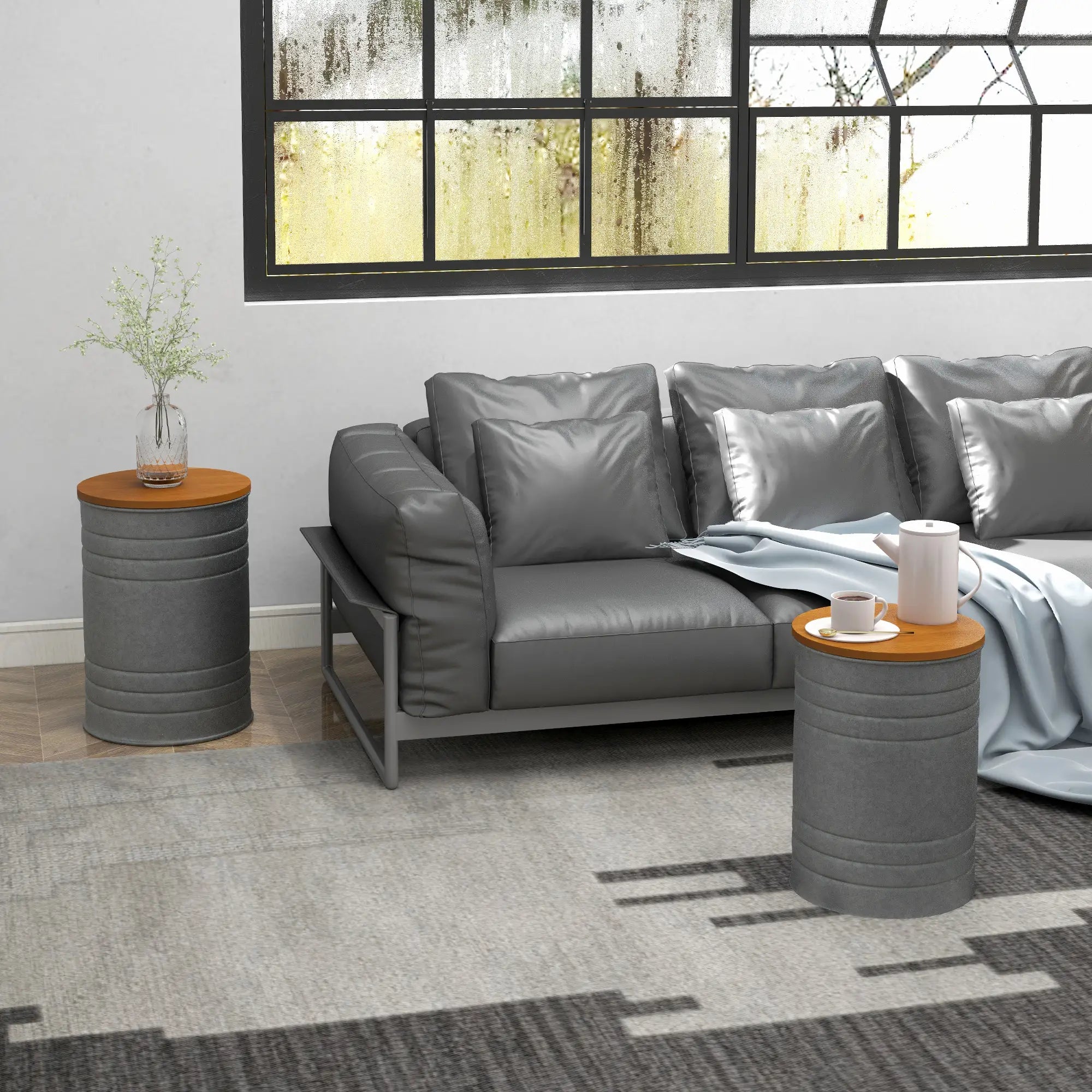 Round Side Table Set of 2, Nesting Coffee Tables, Wooden Lid, Galvanized Frame, Hidden Storage, Grey Side Tables at Gallery Canada