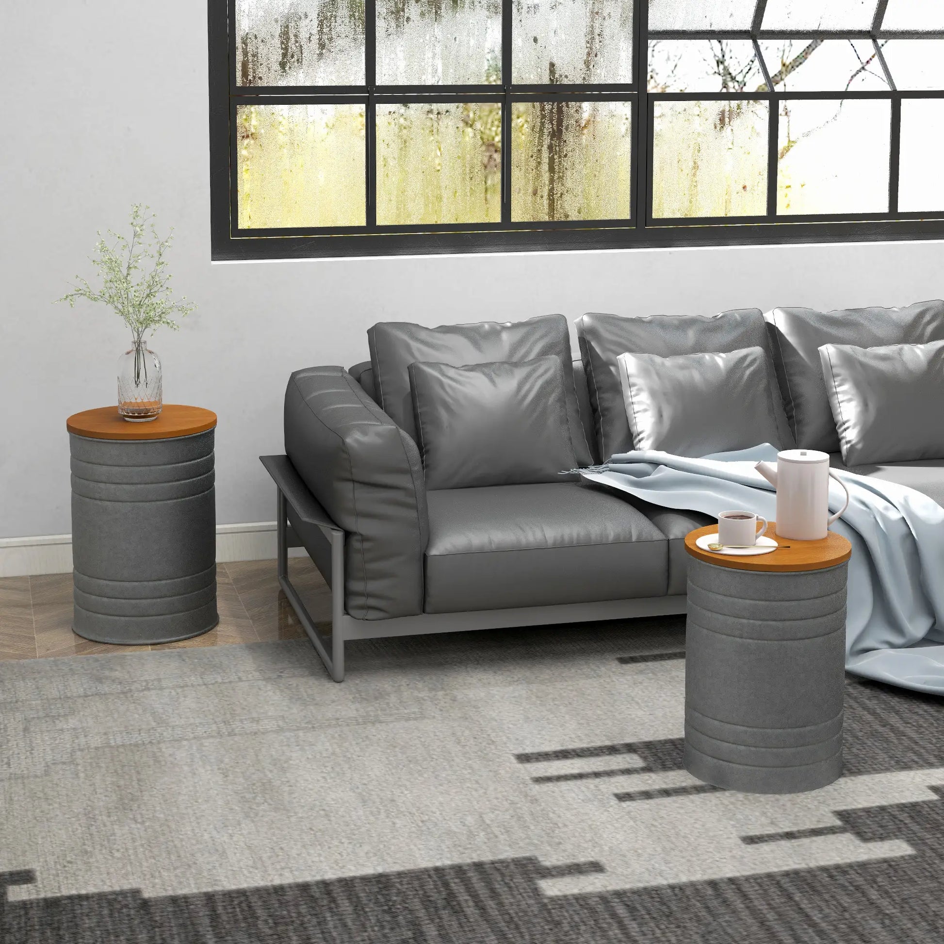 Round Side Table Set of 2, Nesting Coffee Tables, Wooden Lid, Galvanized Frame, Hidden Storage, Grey Side Tables at Gallery Canada