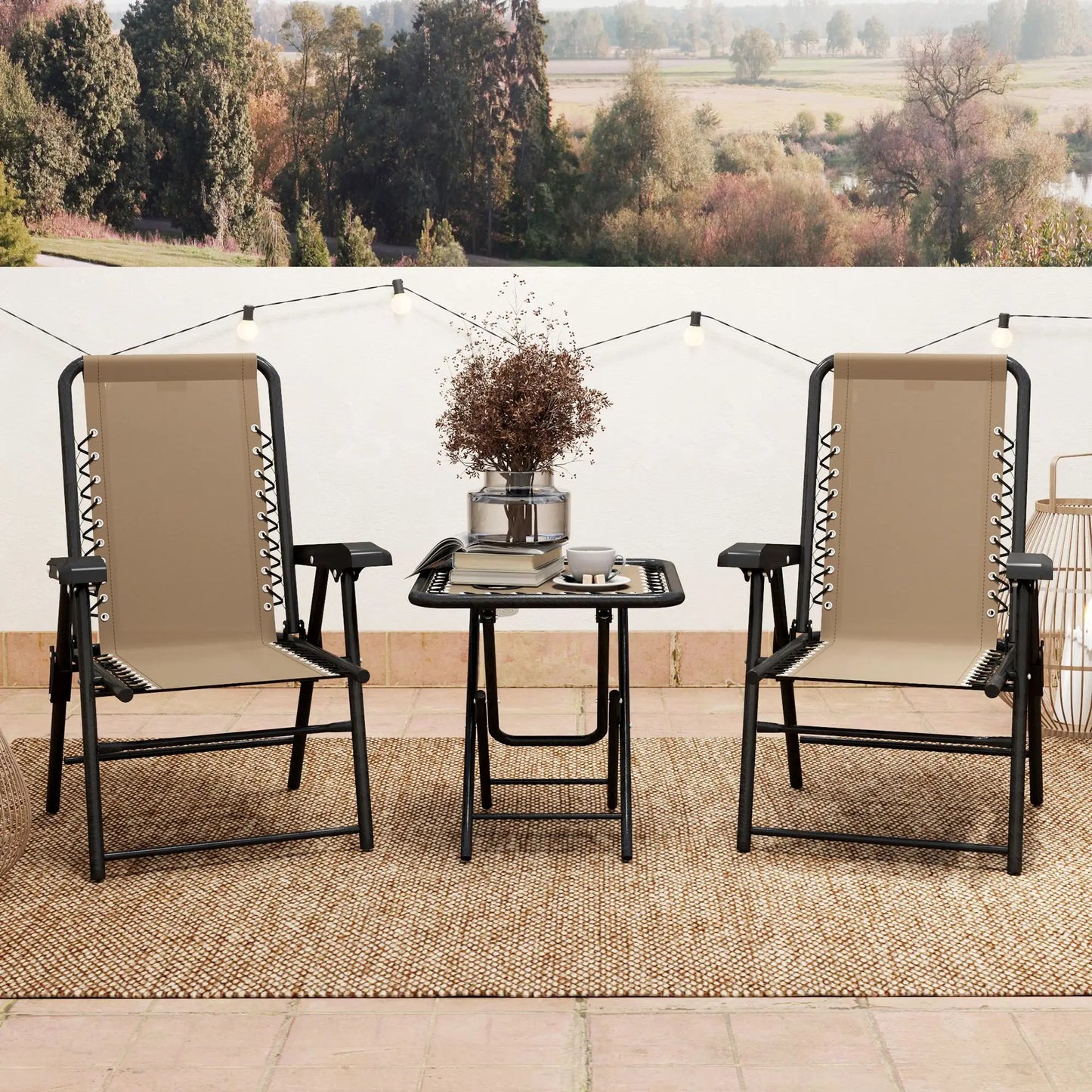3 Piece Patio Bistro Set, Metal Outdoor Folding Table And Chairs, Khaki Bistro Sets at Gallery Canada