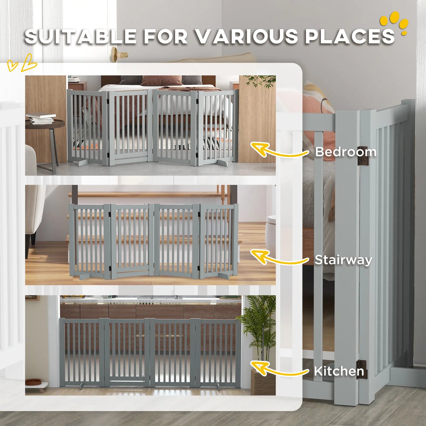 4 Panel Wooden Pet Gate, Free Standing, Open Door, Light Grey Houses, Kennels & Pens at Gallery Canada