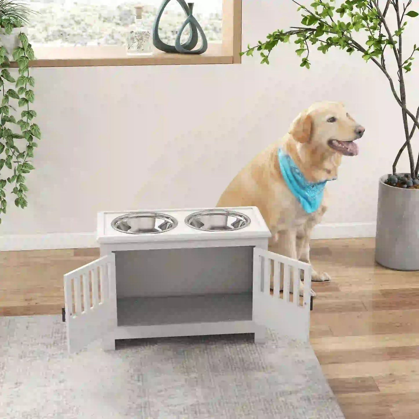 Raised Dog Bowls, 2 Stainless Bowls, Storage, XL, White Dog Bowls at Gallery Canada