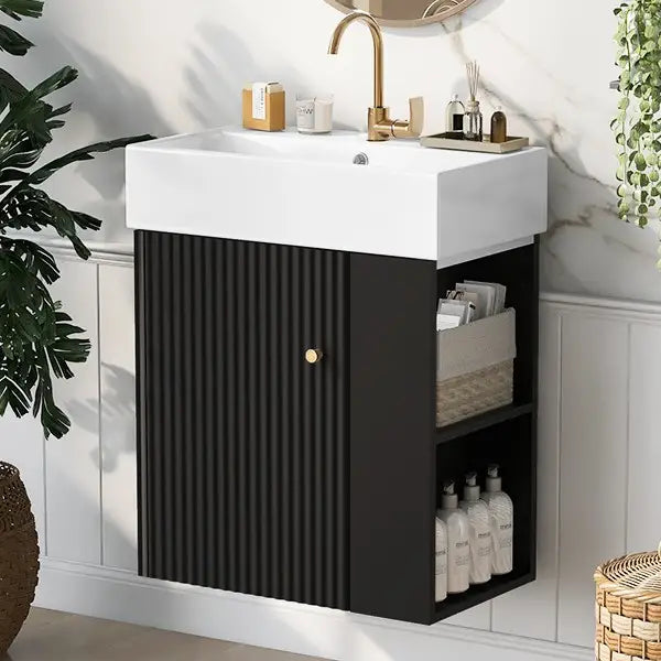 Floating Bathroom Vanity, Ceramic Basin, Right Storage, 21.5" L x 12" W x 26.5" H, Black+White Sink Cabinets at Gallery Canada