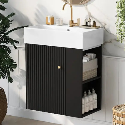 Floating Bathroom Vanity, Ceramic Basin, Right Storage, 21.5" L x 12" W x 26.5" H, Black+White Sink Cabinets at Gallery Canada