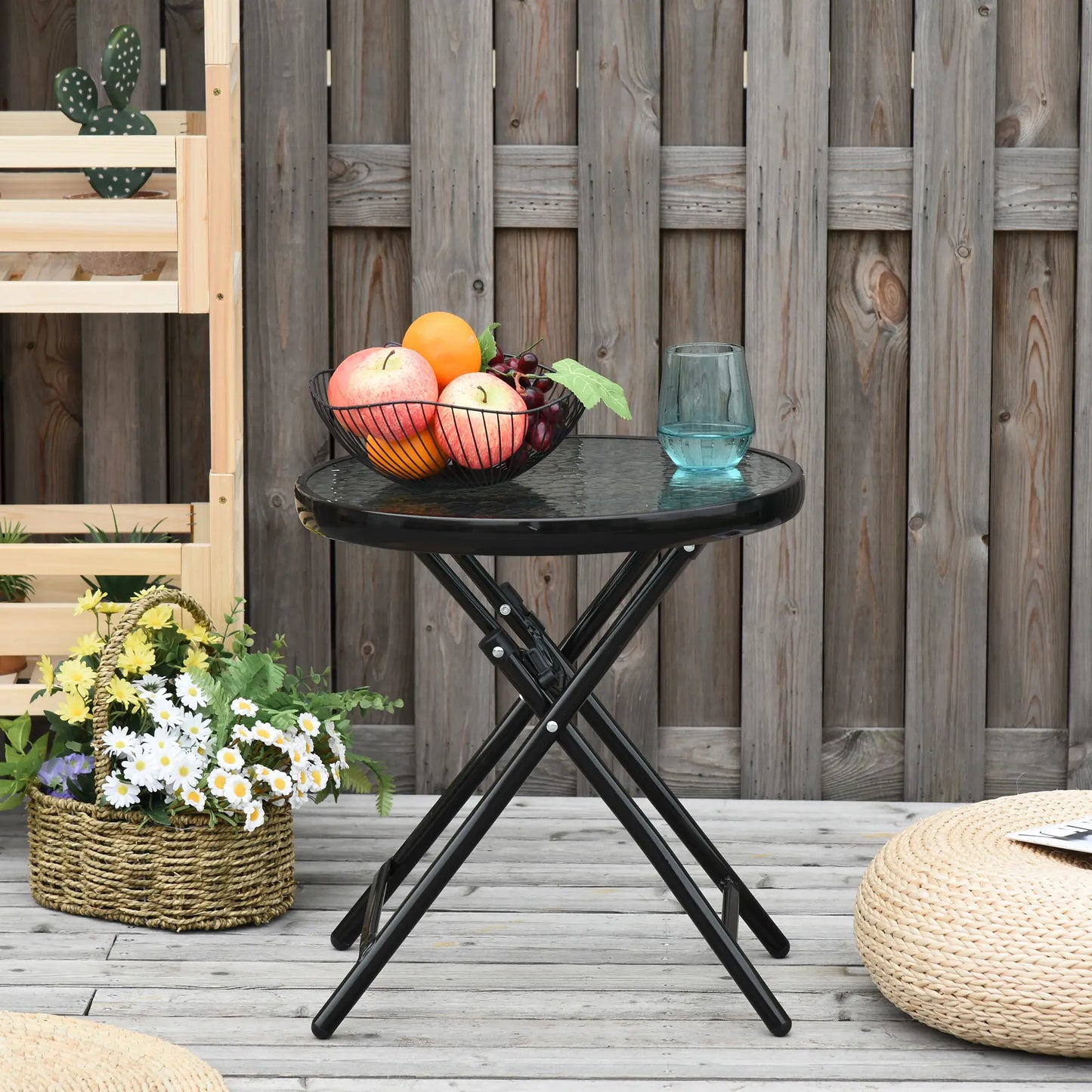 18" Round Folding Coffee Table, Tempered Glass Top, Portable for Patio, Balcony Patio Side Tables at Gallery Canada