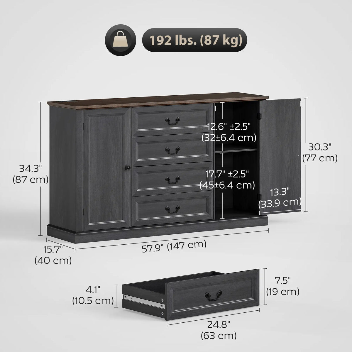 Farmhouse Sideboard with Charging Station, 58" Buffet Cabinet, Black