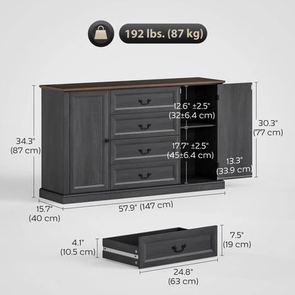 Farmhouse Sideboard with Charging Station, 58" Buffet Cabinet, Black