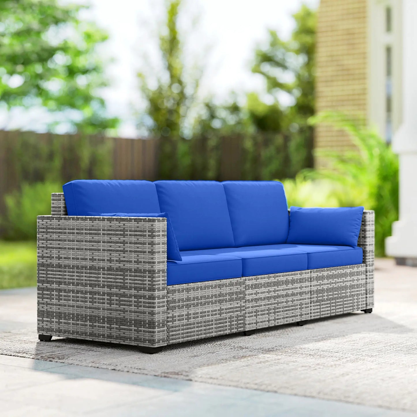3-Seater Outdoor Sofa with Cushions, PE Rattan, Blue Patio Furniture Sets at Gallery Canada
