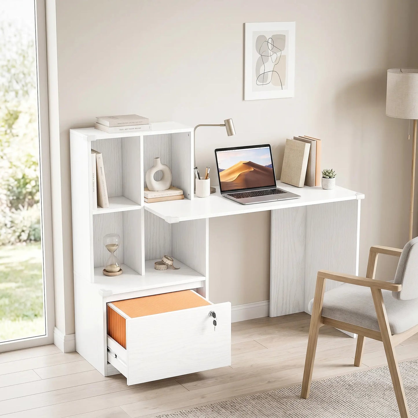 Bureau d'ordinateur avec bibliothèque et tiroir classeur, grain de bois blanc, blanc