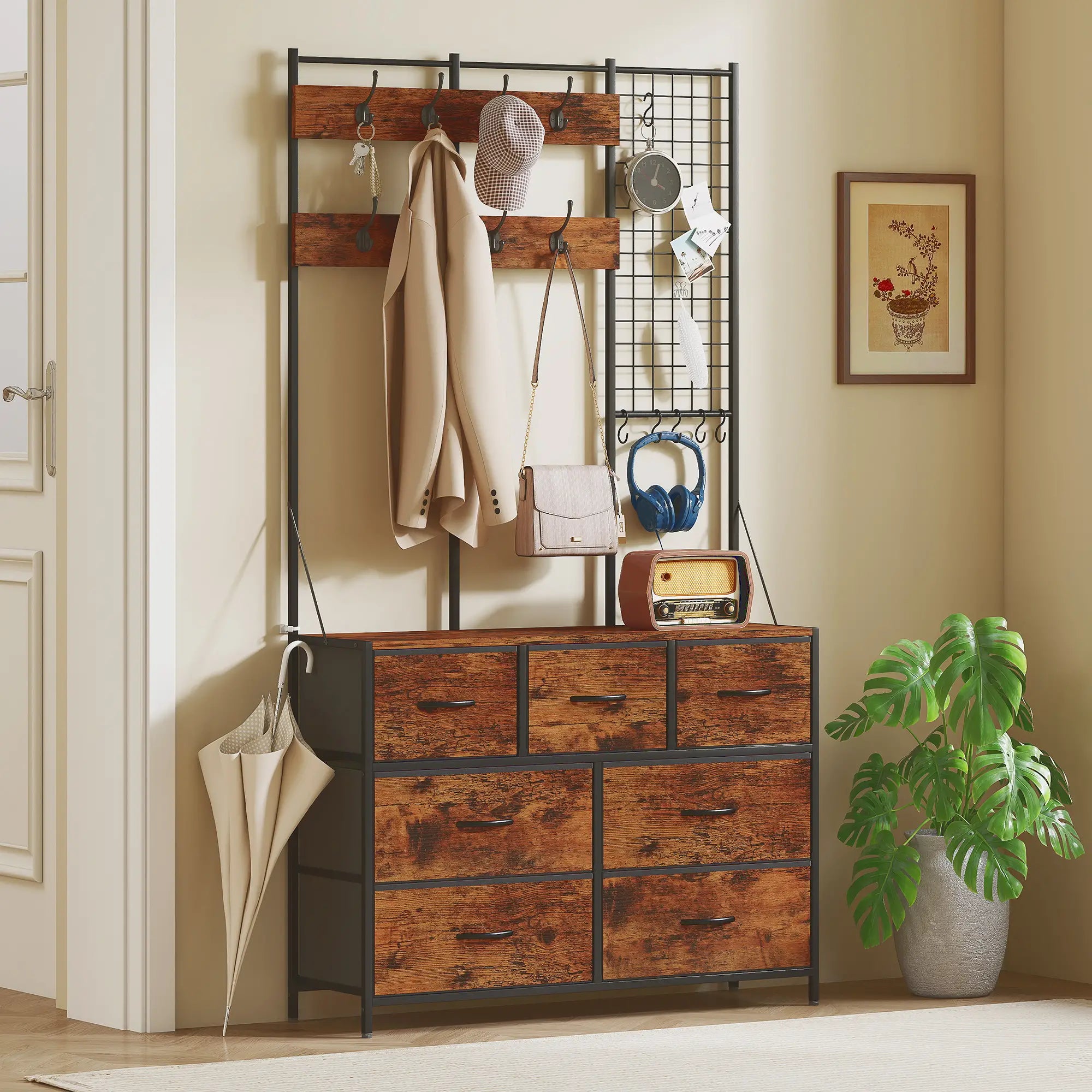 4-In-1 Coat Rack, 7 Drawer Fabric Dresser, Hall Tree 14 Hooks, Rustic Brown Clothing Storage at Gallery Canada
