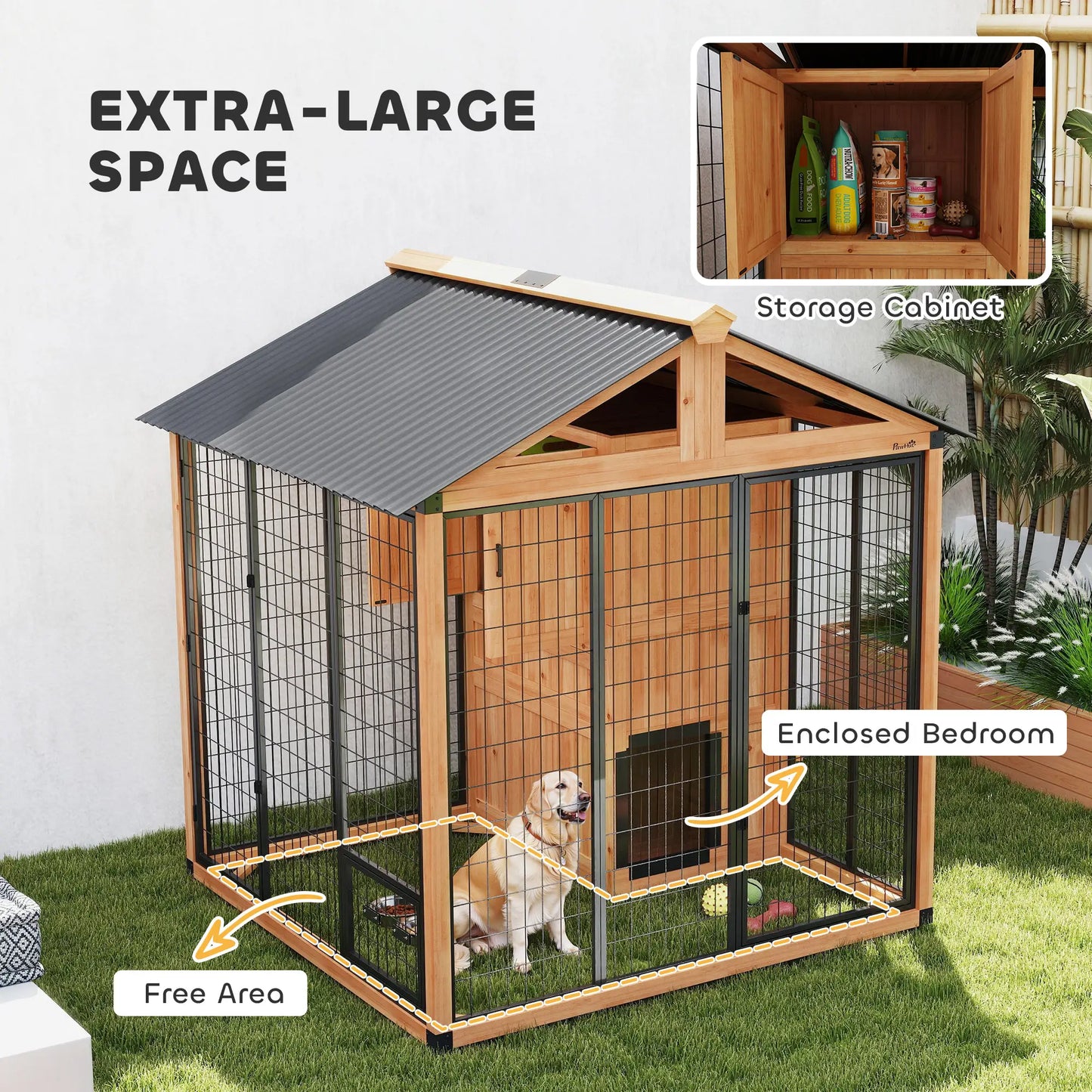 86" L Wooden Dog Kennel With Storage Cabinet, Stainless Steel Bowls, Yellow Dog Cages & Crates at Gallery Canada