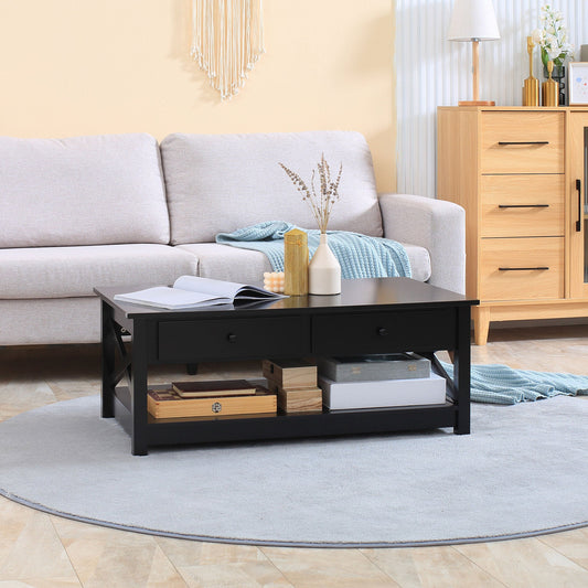 Coffee Table with Storage, Farmhouse Living Room Table with Drawers and Open Shelf, Centre Table with X-frames, Black - Gallery Canada