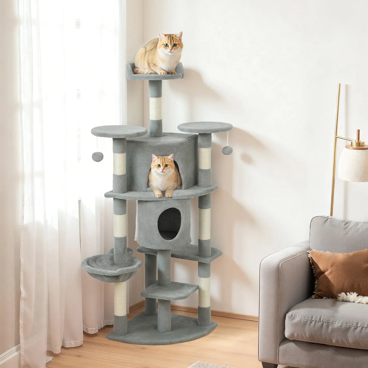 62" Cat Tree With Scratching Post, 2 Condos, Hammock, Light Grey