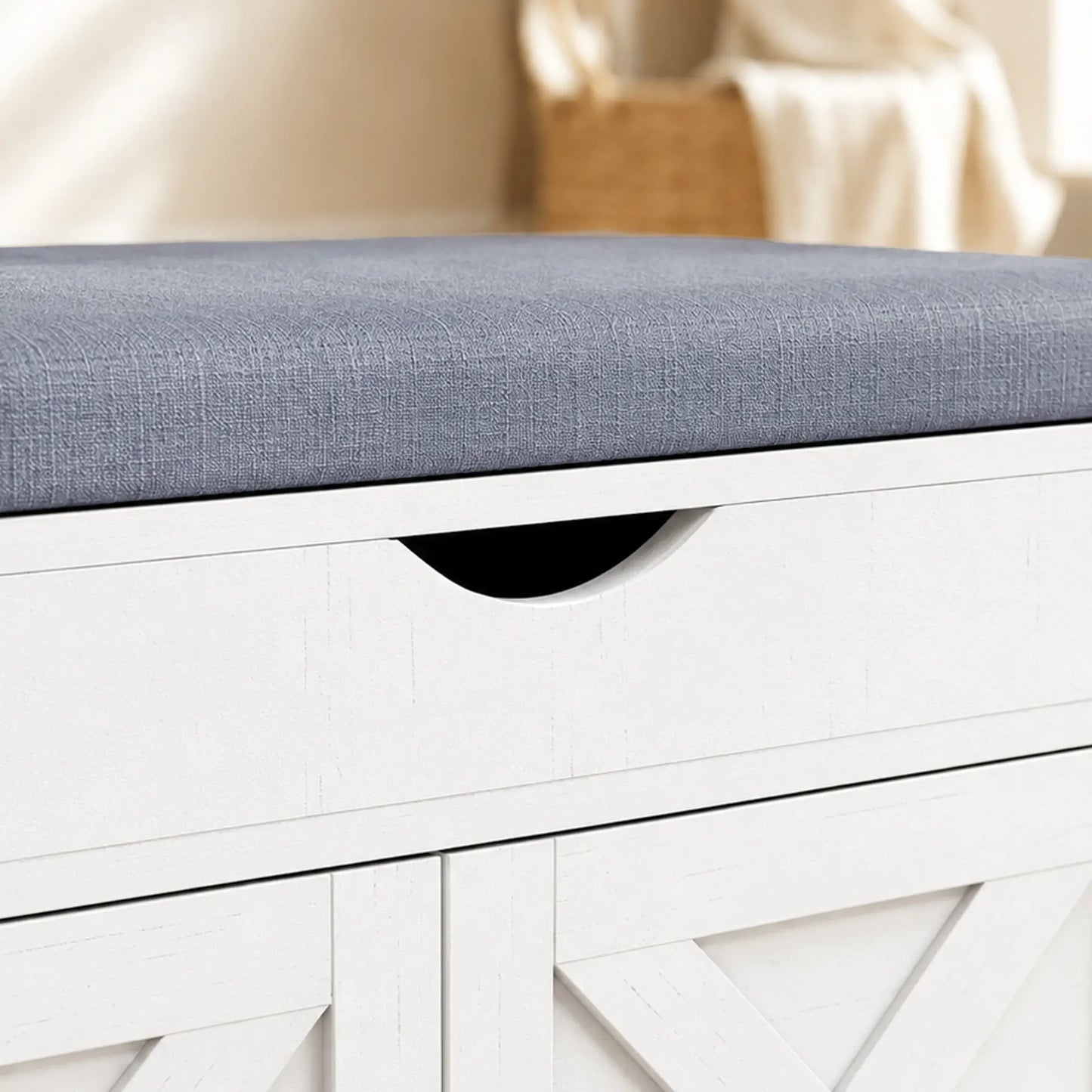 3-Door Shoe Bench with Cushion, Adjustable Shelves, White