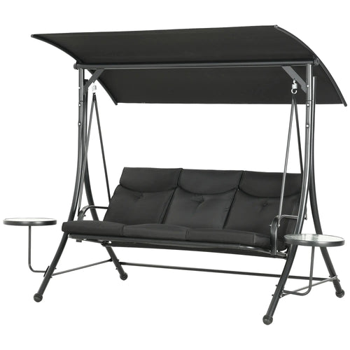 3 Seat Outdoor Swing Chair, Steel Swing Bench, Adjustable Canopy, Black