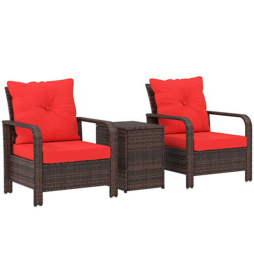 3 Pc Wicker Patio Set, Rattan Bistro with Storage Table, Thickened Cushions, Outdoor Garden Set, Red