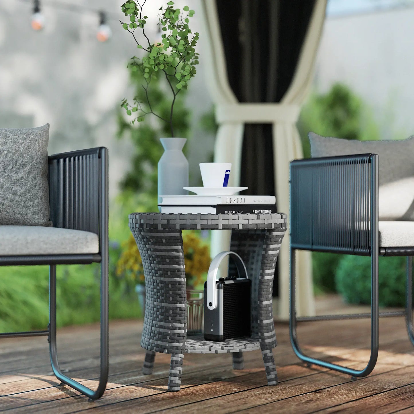 18" Wicker Outdoor Coffee Table, 2-Tier Storage, Composite Wood Top, Grey Patio Side Tables at Gallery Canada