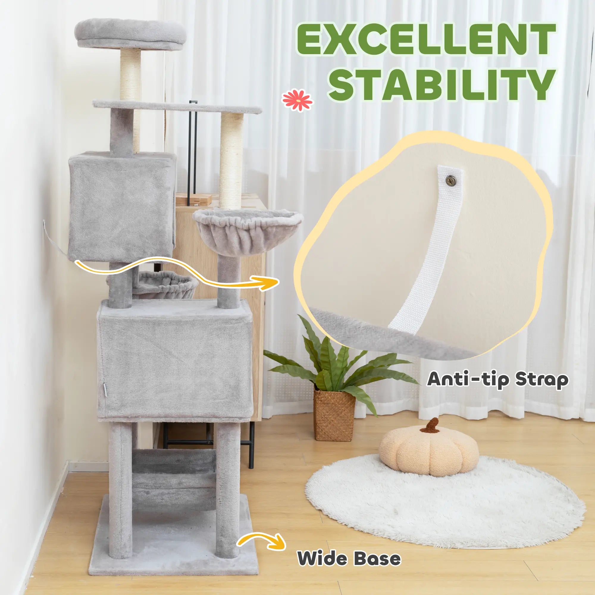 66 Inch Cat Tree with 2 Door Condos, 3 Hammocks, Perch, Scratching Posts, Light Grey Cat Trees at Gallery Canada