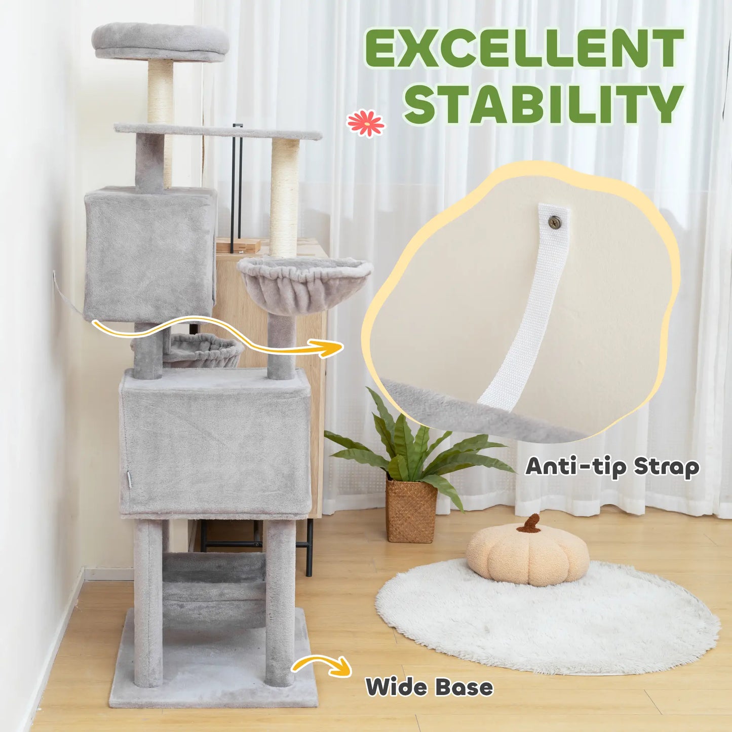 66 Inch Cat Tree with 2 Door Condos, 3 Hammocks, Perch, Scratching Posts, Light Grey Cat Trees at Gallery Canada