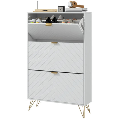Modern Shoe Storage Cabinet, 3 Flip Drawers for 18 Pairs, Narrow, White
