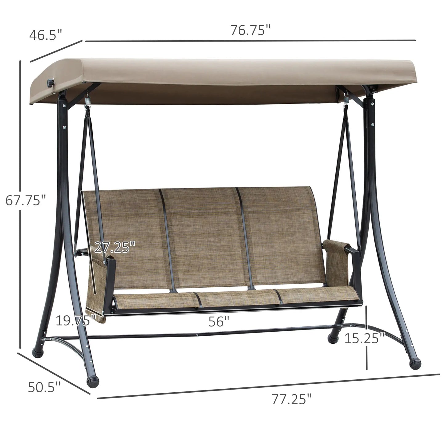 3 Person Porch Swing, High Back, Side Pouches, Adjustable Canopy, Brown Patio Swings with Stand at Gallery Canada