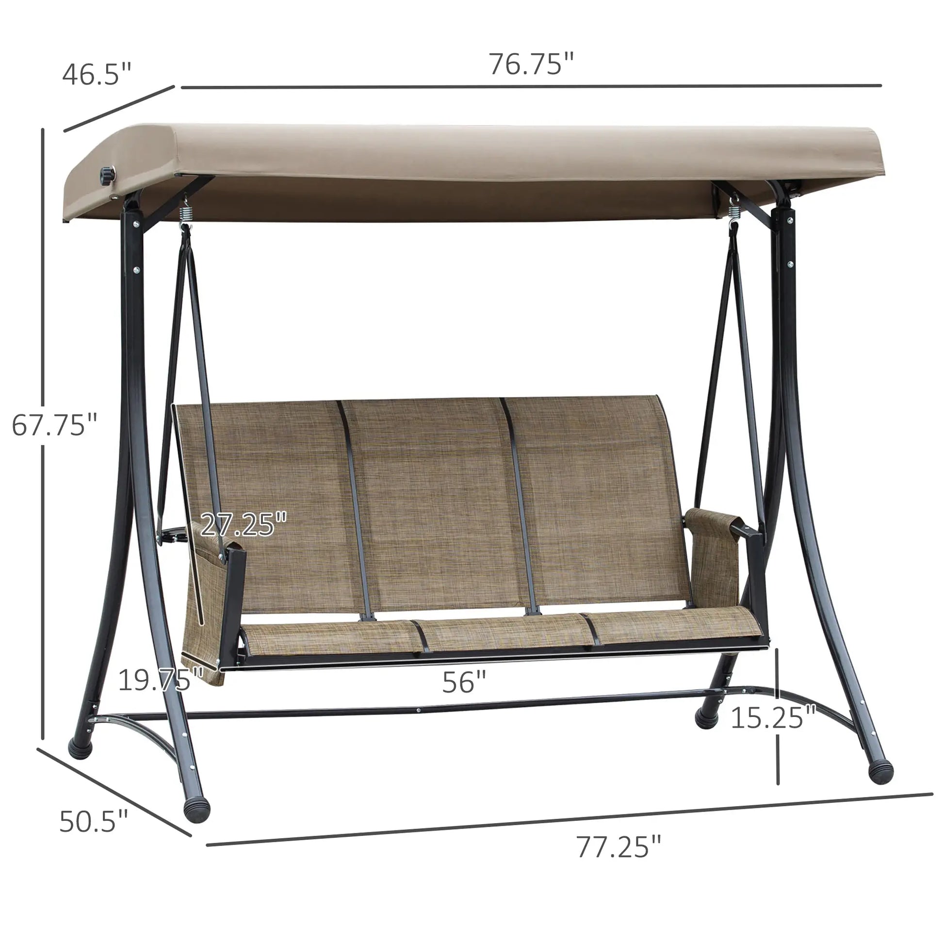 3 Person Porch Swing, High Back, Side Pouches, Adjustable Canopy, Brown Patio Swings with Stand at Gallery Canada
