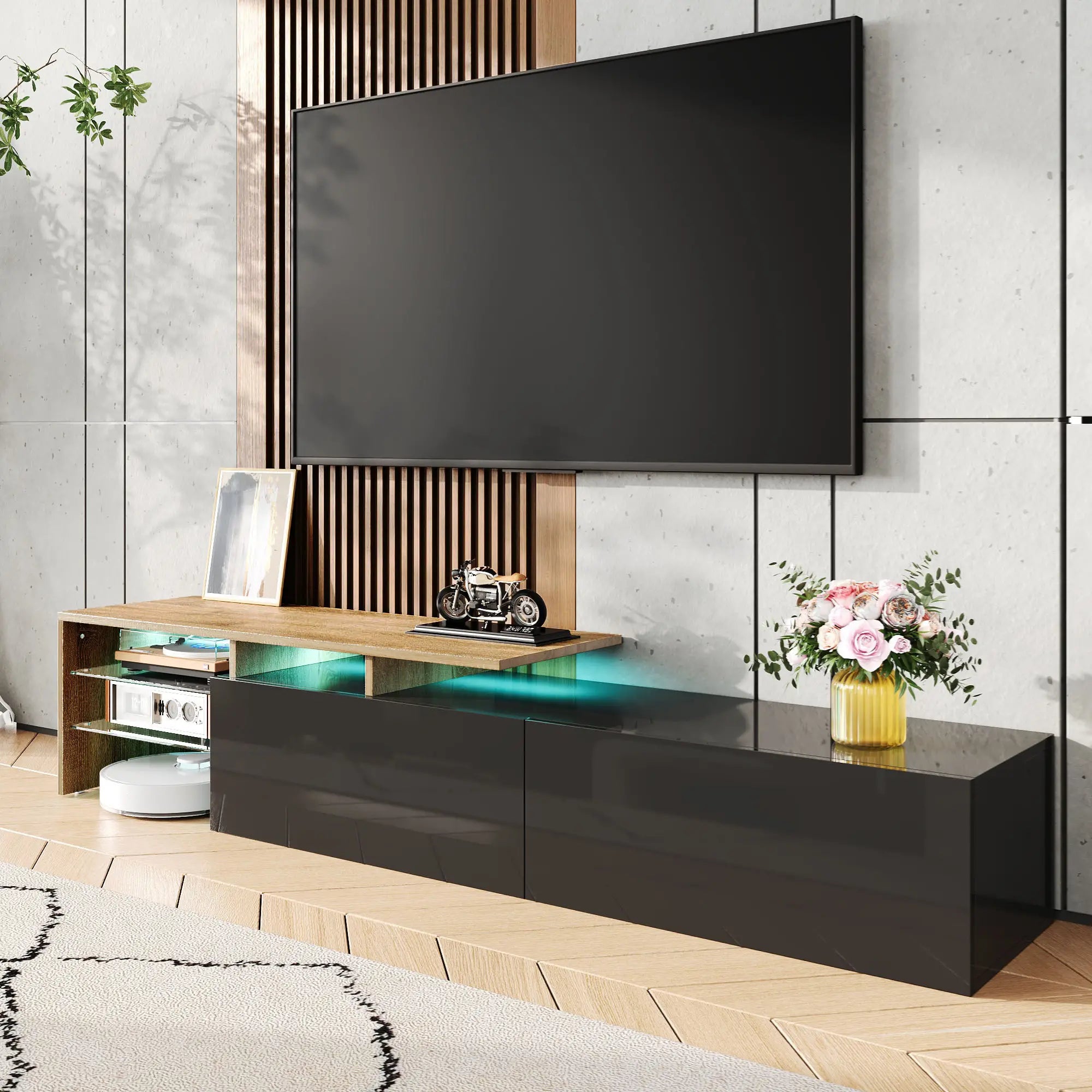 TV Cabinet With Glass Shelves, LED Lighting, 67