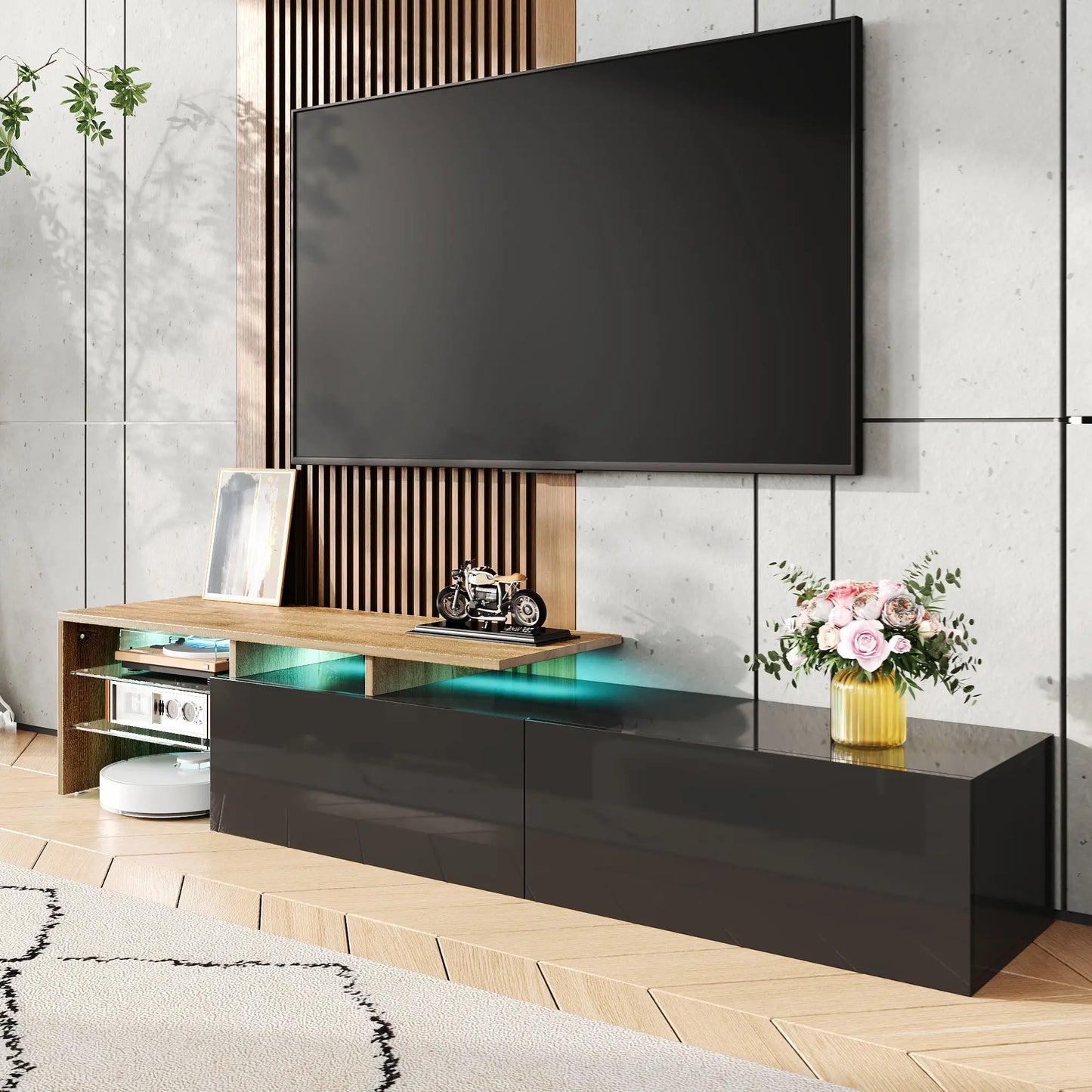 TV Cabinet With Glass Shelves, LED Lighting, 67" L x 13" W x 13" H, Natural, Black TV Stands at Gallery Canada