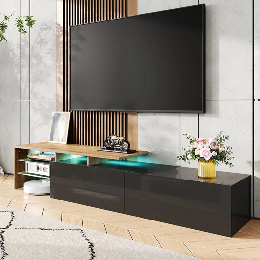 TV Cabinet With Glass Shelves, LED Lighting, 67" L x 13" W x 13" H, Natural, Black TV Stands Black, Natural at Gallery Canada