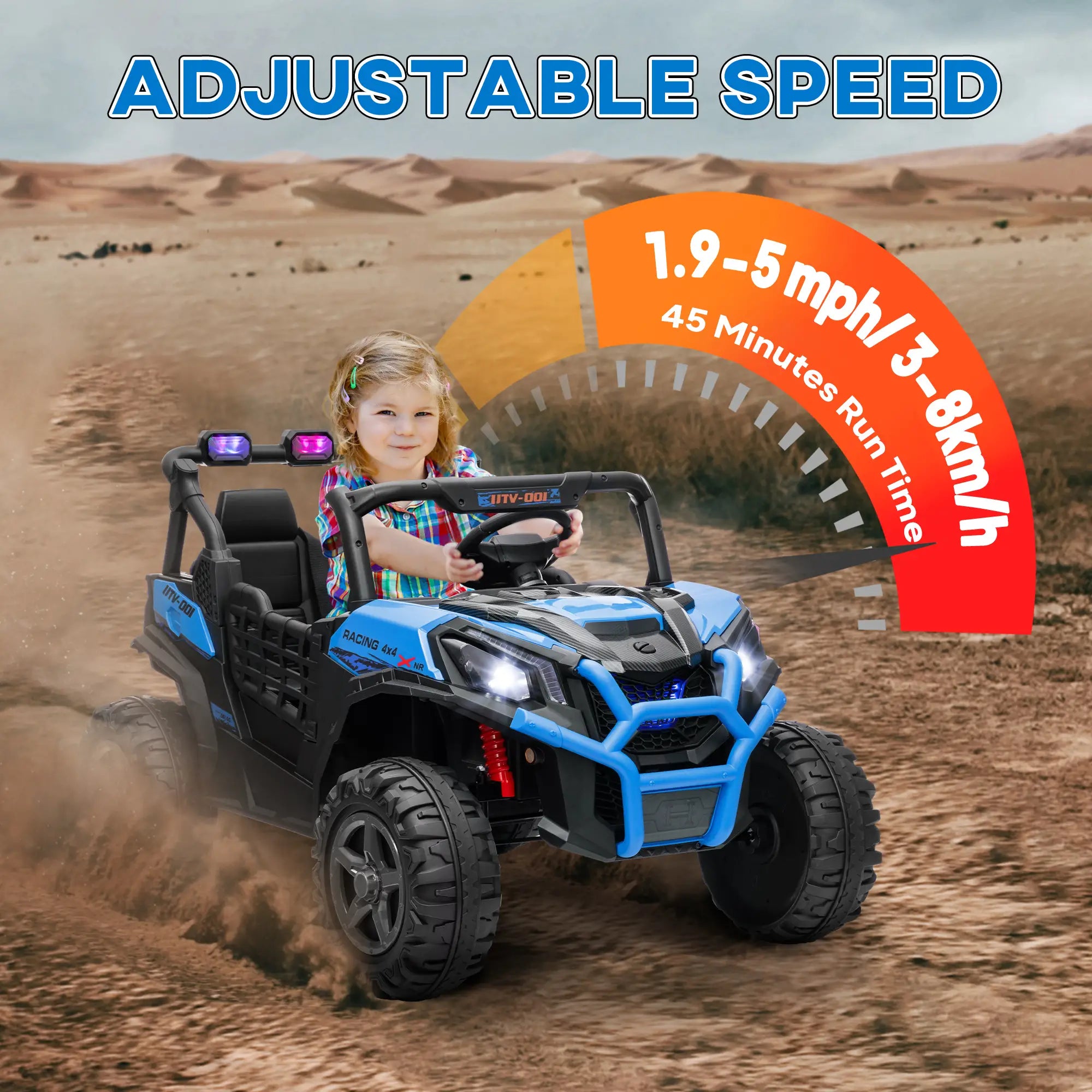 2 Seater 24V Electric Car for Kids, Remote Control, 3 Speed, LED Lights, Music, Horn, Spring Suspension, Blue Electric Toy Cars at Gallery Canada