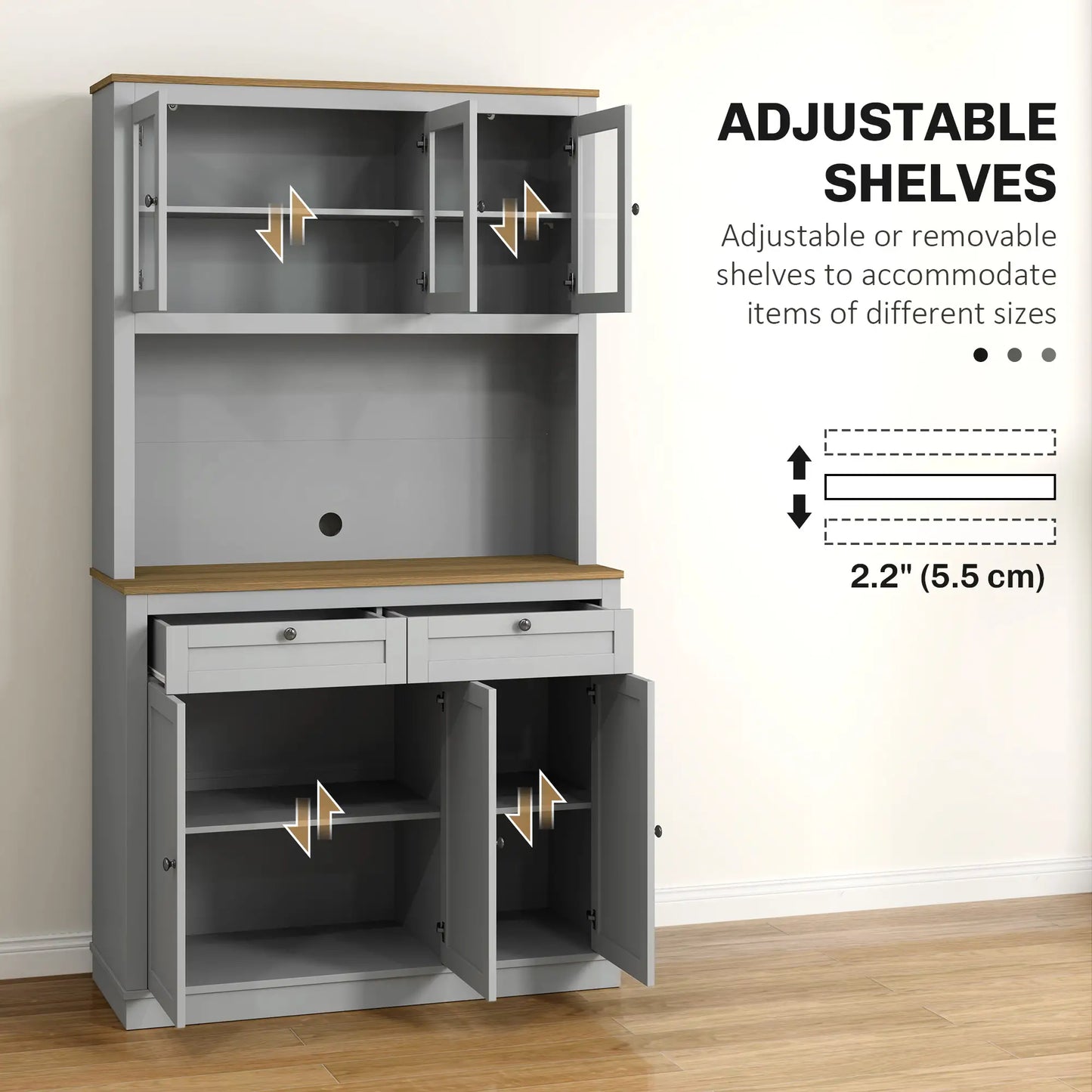 71" Pantry Cabinet with Microwave Space, 2 Drawers, Adjustable Shelves, Grey Kitchen Pantry Cabinets at Gallery Canada