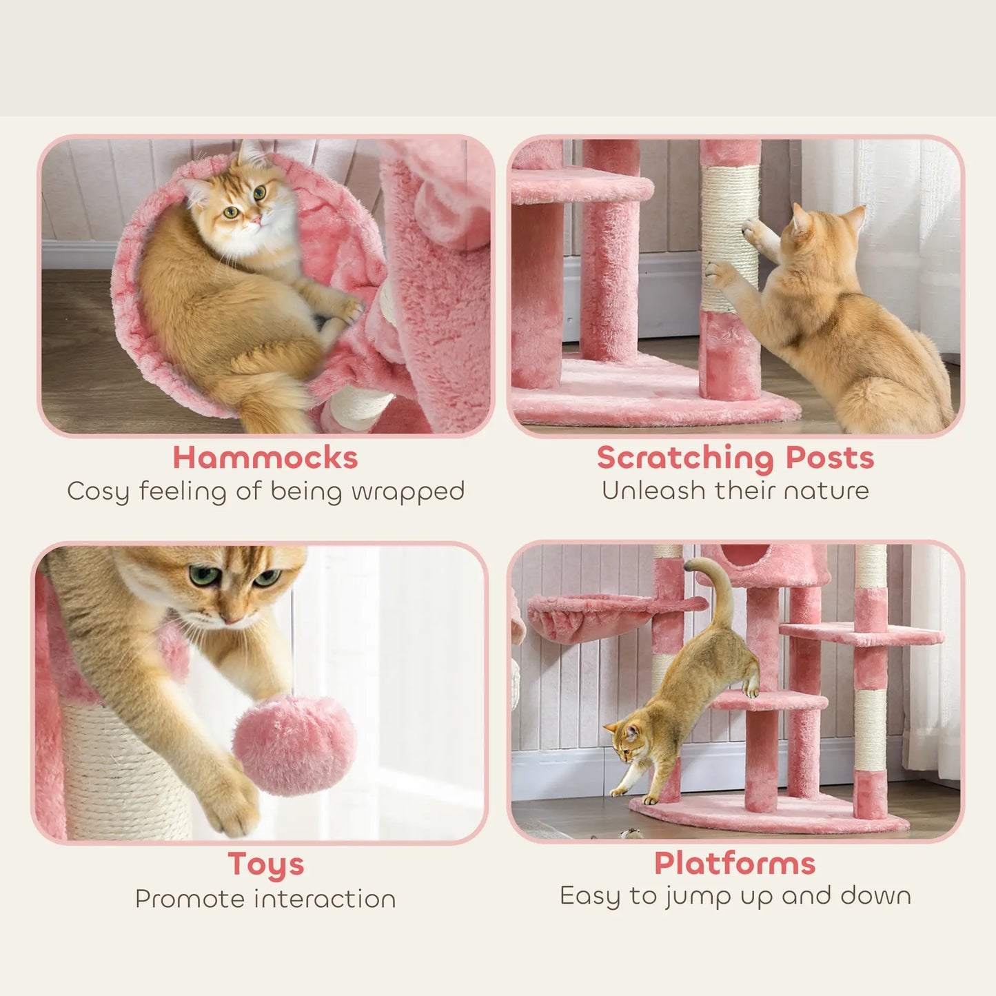 62" Cat Tree With Scratching Post, 2 Condos, Hammock, Pink Multi-Level Cat Towers at Gallery Canada