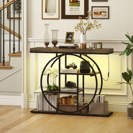 4-Tier Console Table With Charging Station, LED Lights, 39", Rustic Brown Console Tables Rust Brown, Black at Gallery Canada