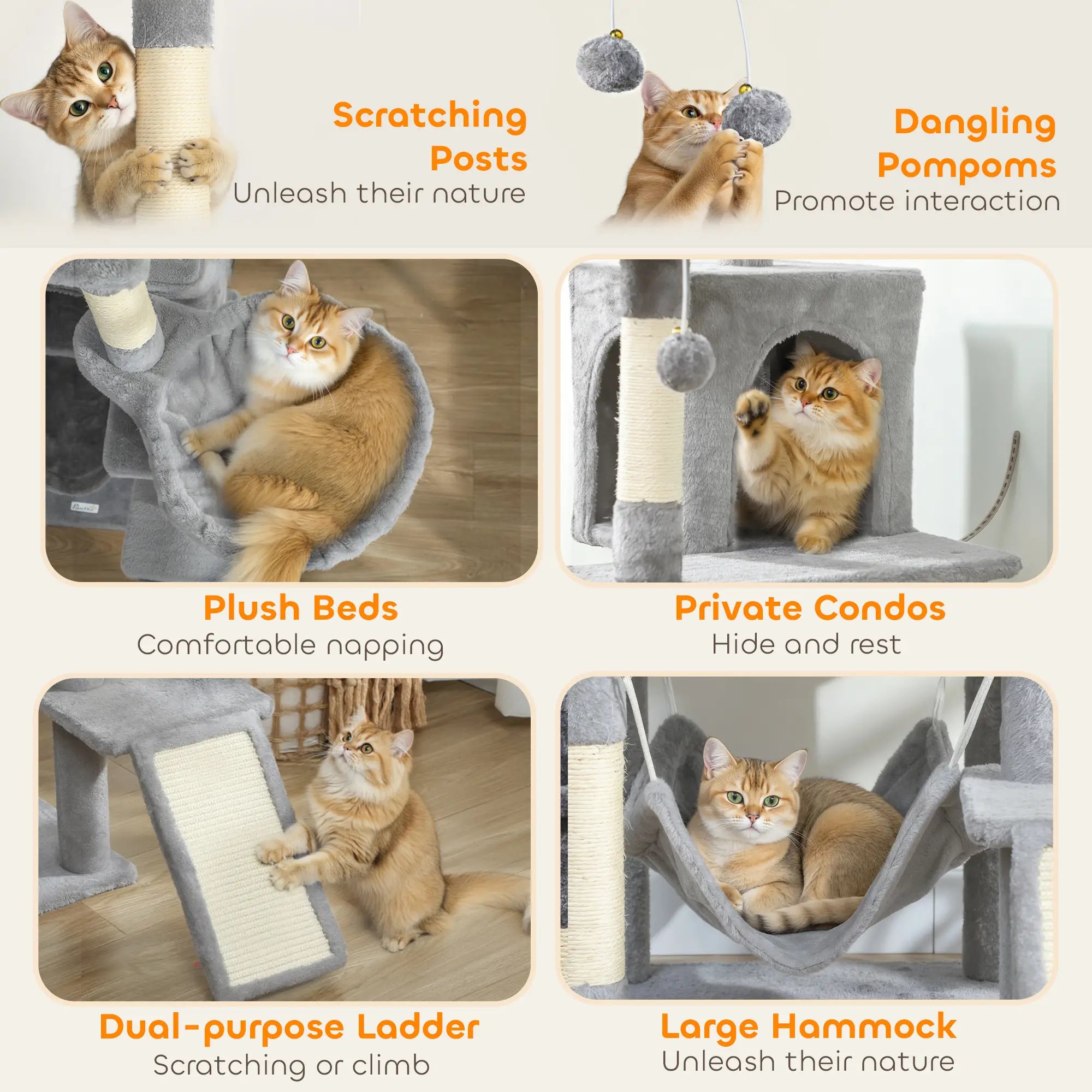 76 Inch Large Cat Tree, 8 Scratching Posts, 3 Beds, 2 Hammocks, Light Grey Cat Towers at Gallery Canada