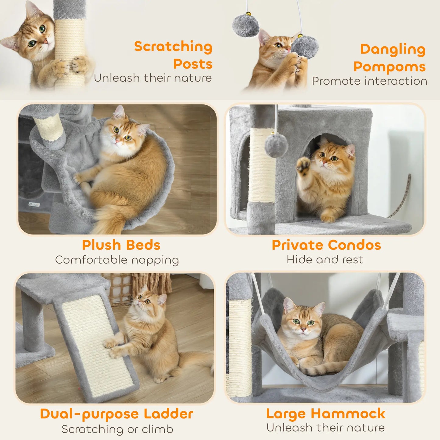 76 Inch Large Cat Tree, 8 Scratching Posts, 3 Beds, 2 Hammocks, Light Grey Cat Towers at Gallery Canada