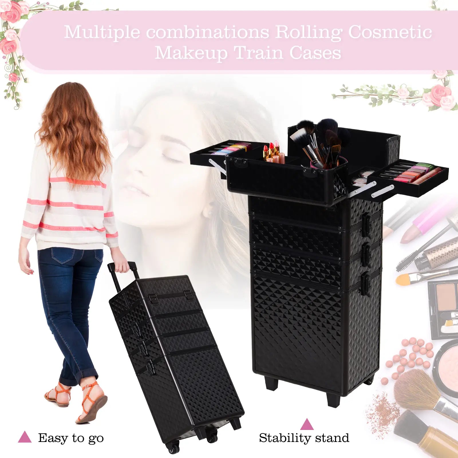 Portable Aluminum Makeup Train Case, 4 in 1, 2 Wheels, Multiple Compartments Makeup Cases at Gallery Canada