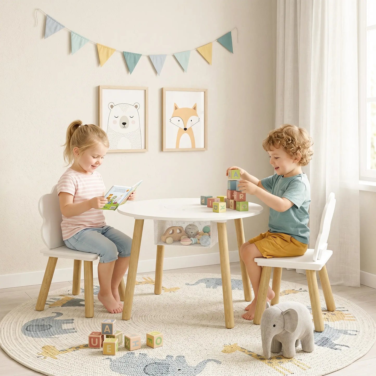 Kids Table and Chairs Set With Storage, White