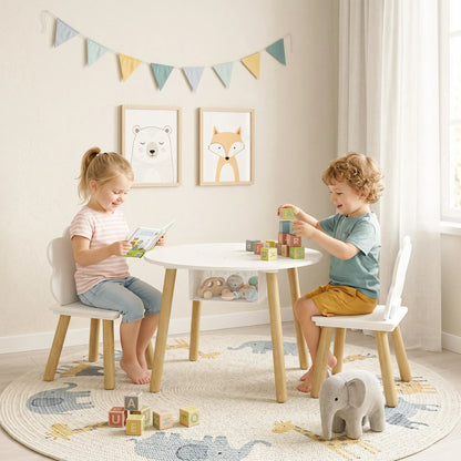 Kids Table and Chairs Set With Storage, White