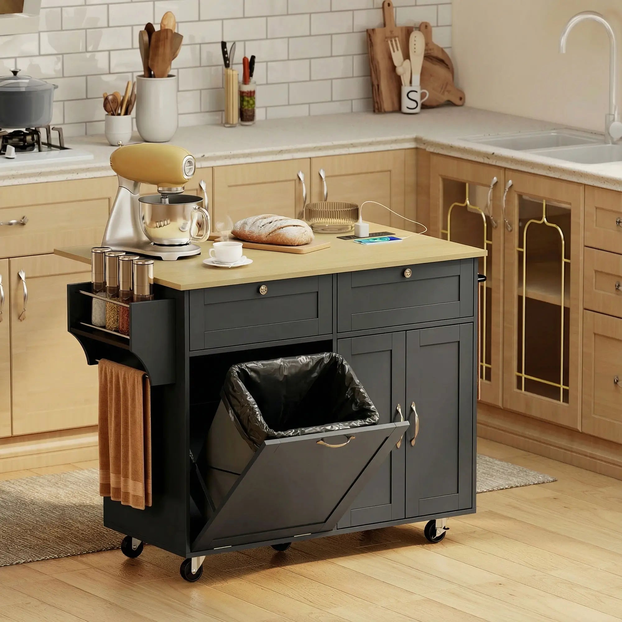 Kitchen Island Cart with Charging Station, Drop Leaf, Black Kitchen Islands & Kitchen Carts at Gallery Canada