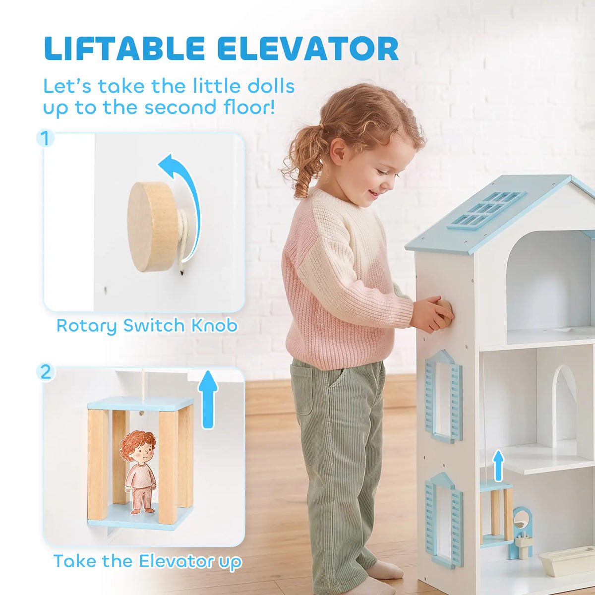 Wooden Doll House with Elevator, 5 Rooms, 13 Accessories, Blue Play Houses at Gallery Canada