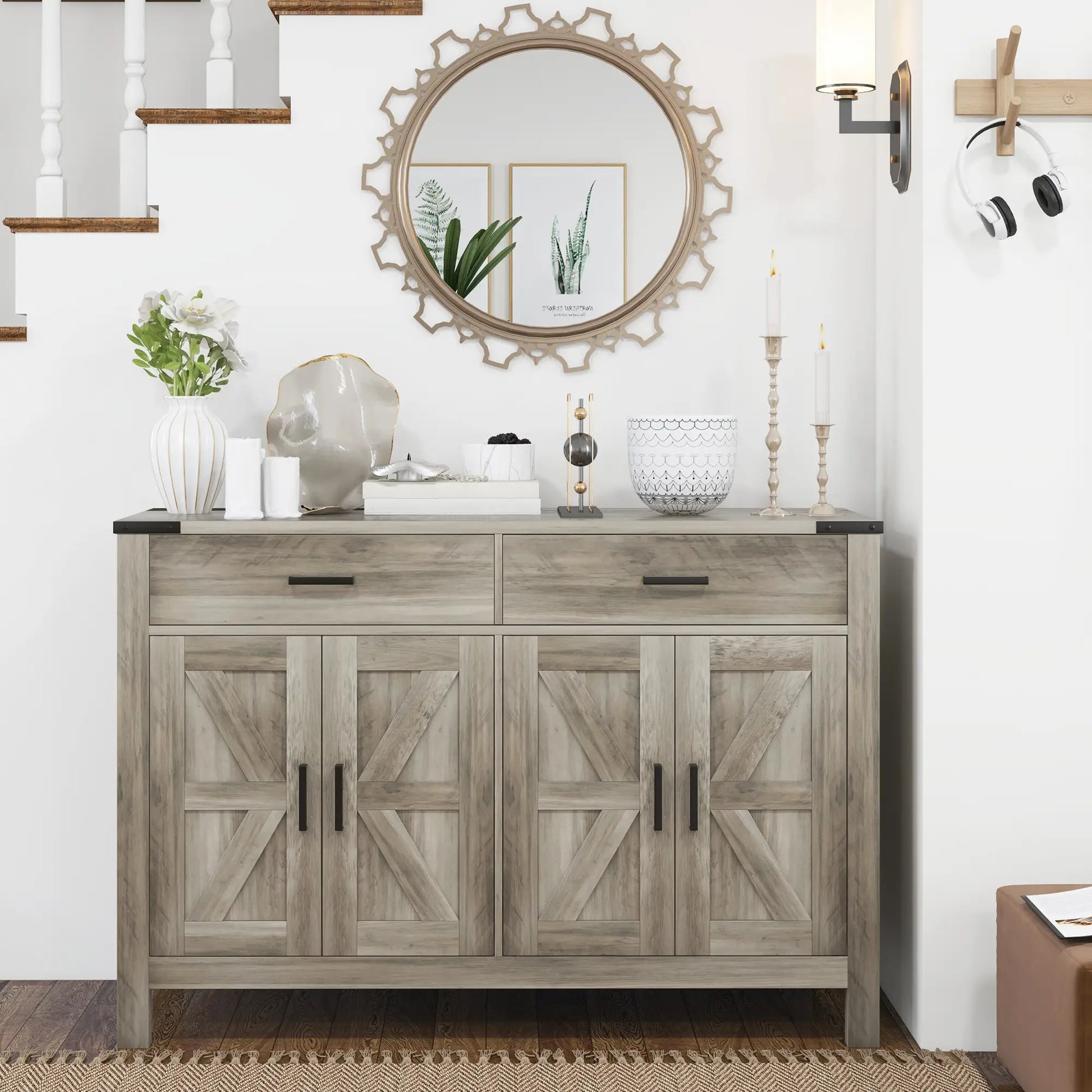Farmhouse Buffet Cabinet, 2 Drawers, 2 Cabinets, Adjustable Shelves, Grey Bar Cabinets at Gallery Canada