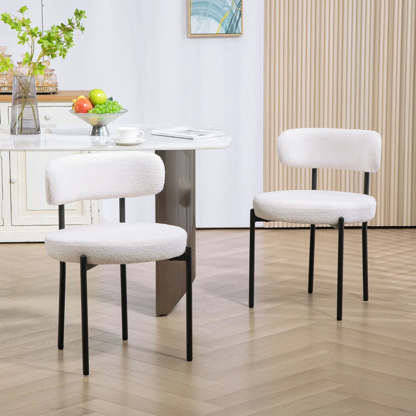 2 Kitchen Chairs, Modern Dining, Berber Fleece Upholstery, Steel Legs, Cream White Dining Chairs at Gallery Canada