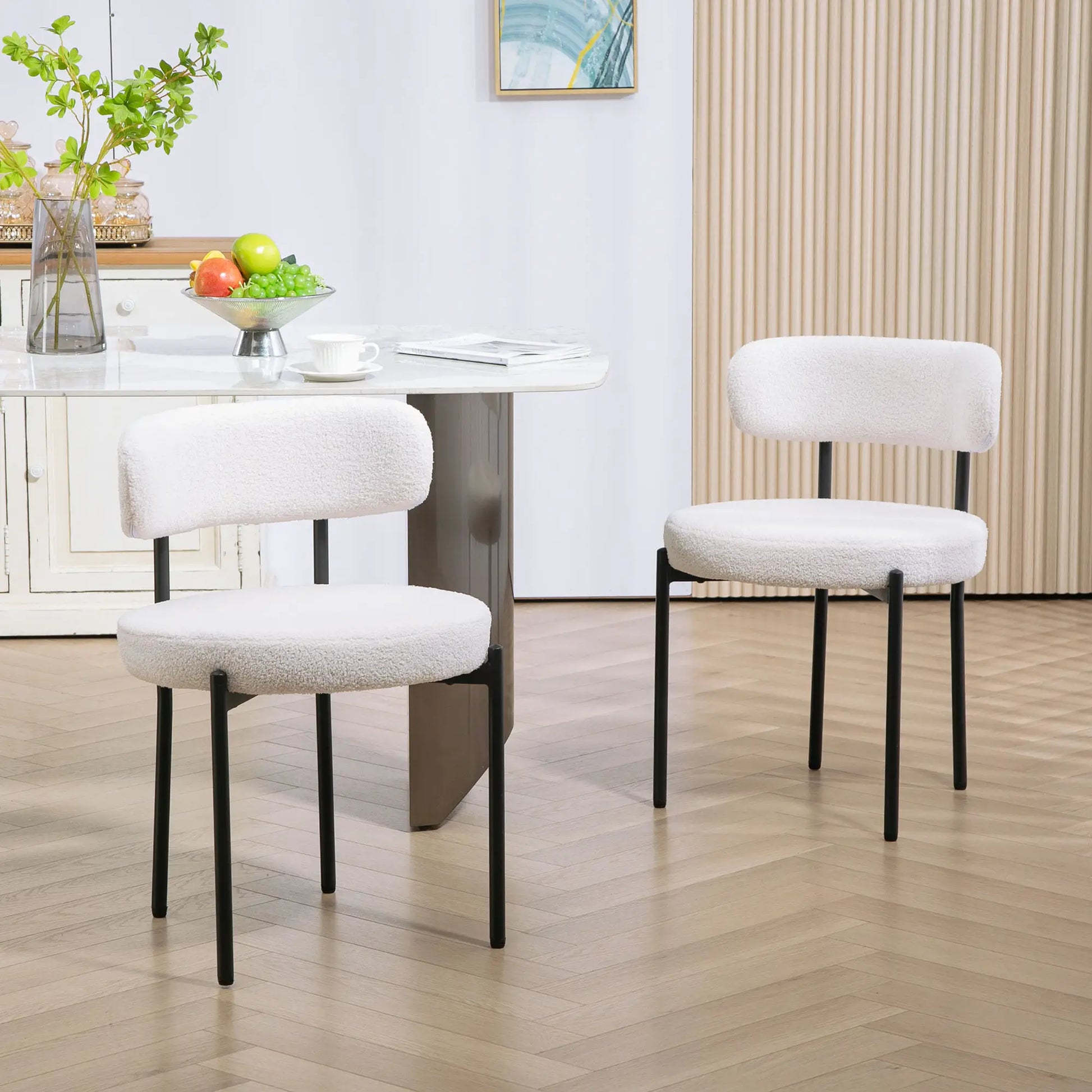 2 Kitchen Chairs, Modern Dining, Berber Fleece Upholstery, Steel Legs, Cream White Dining Chairs at Gallery Canada