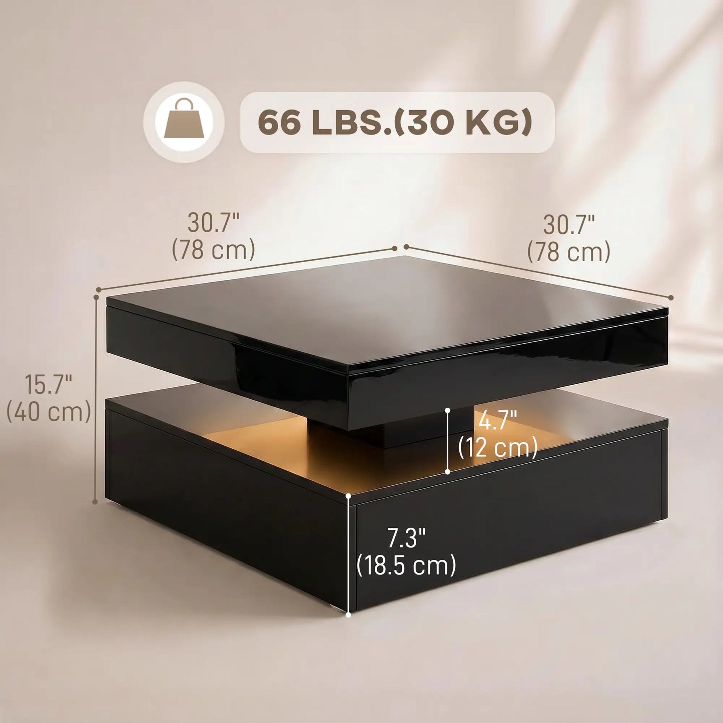 LED Coffee Table with Storage, 2-Tier Modern Center Table with Open Shelf and Remote for Living Room, High Gloss Black