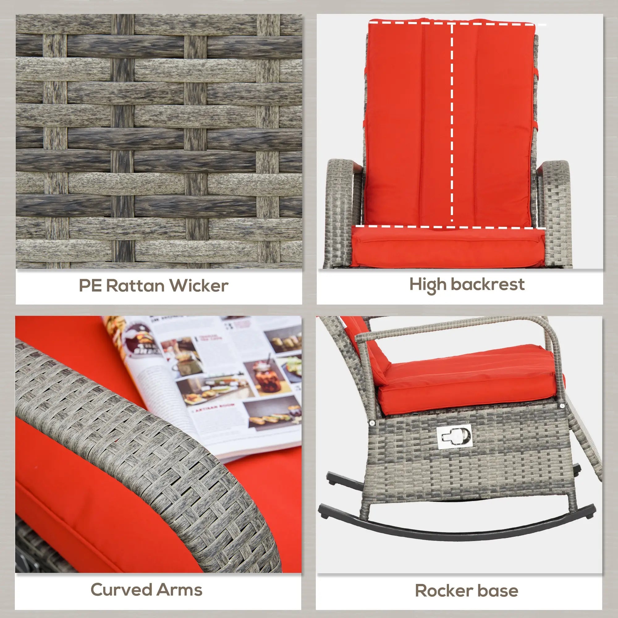 Outdoor Wicker Rocking Chair with Cushion, PE Rattan Recliner, Adjustable Footrest, Red Outdoor Rocking Chairs at Gallery Canada
