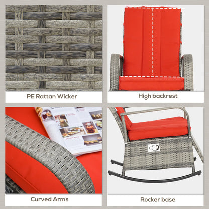 Outdoor Wicker Rocking Chair with Cushion, PE Rattan Recliner, Adjustable Footrest, Red Outdoor Rocking Chairs at Gallery Canada