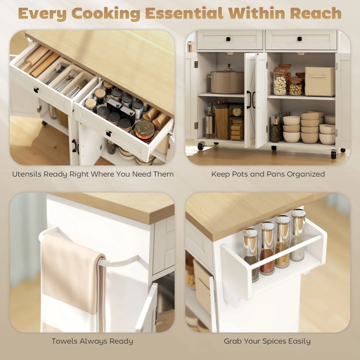 Rolling Kitchen Cart With Charging Station, Drop Leaf, Drawers