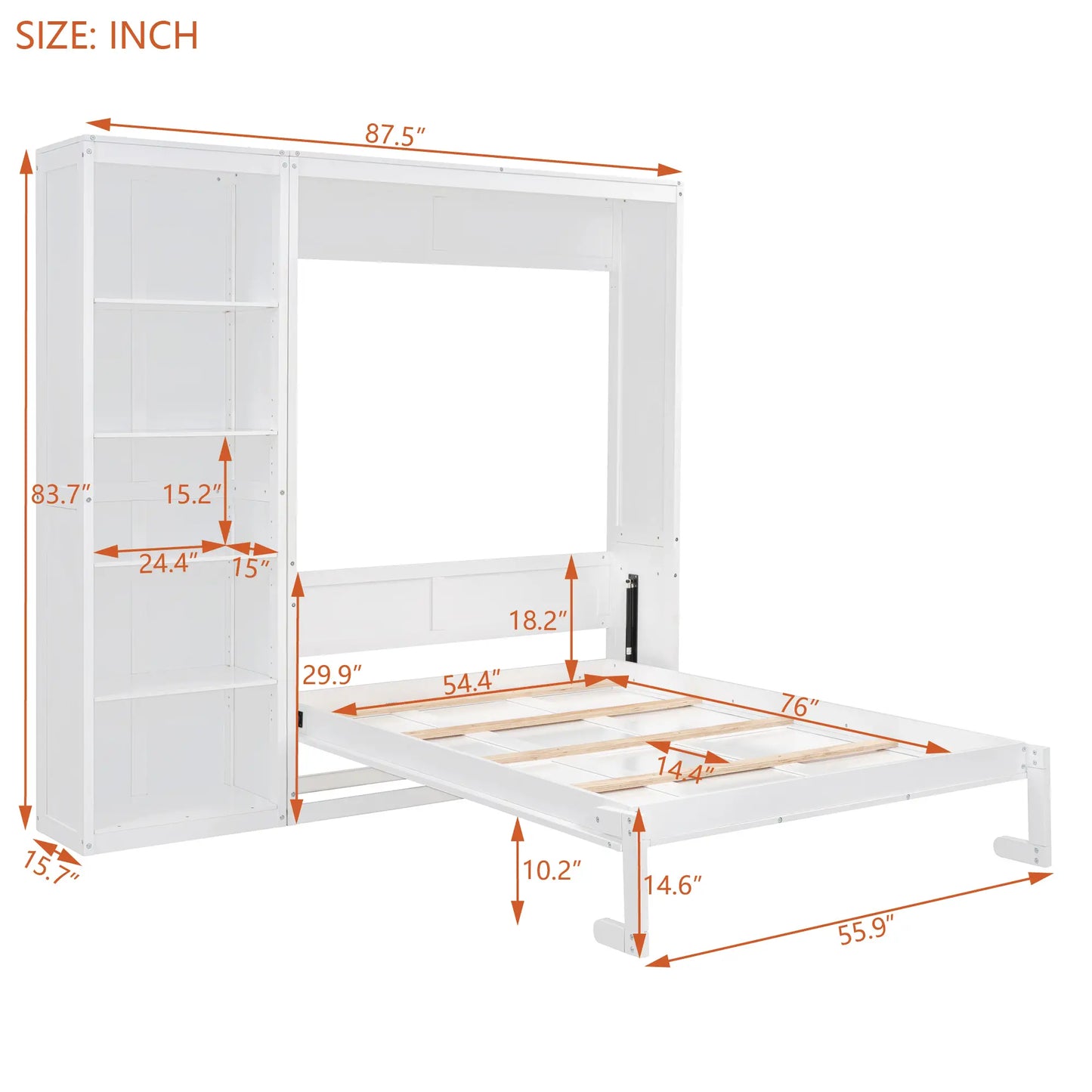 Murphy Bed with Storage Shelves, Space-Saving Wall Bed, 87.5" L x 16" W x 84" H, White Bed Frames at Gallery Canada