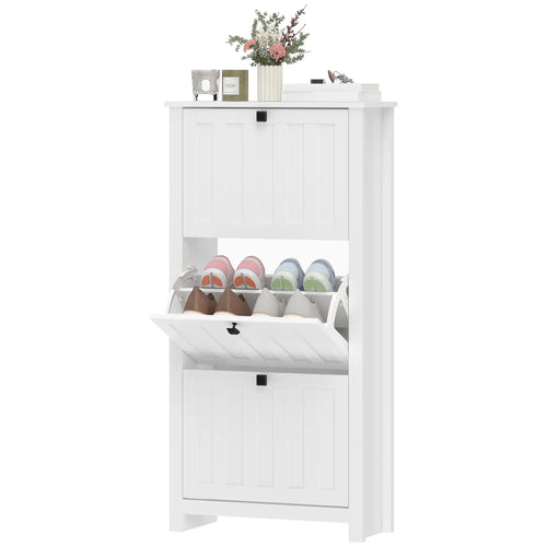 Slim Shoe Cabinet, 3 Flip Drawers, Adjustable Shelves, Holds 12 Pairs, White