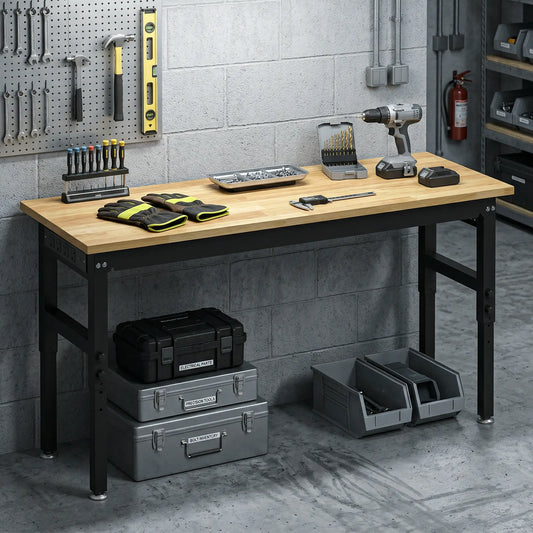 60" Adjustable Workbench, Heavy Duty Work Table with Rubber Wood Top, Power Outlets, Pegboard, 2000 LBS Capacity Tool Organizers Natural Wood, Black at Gallery Canada