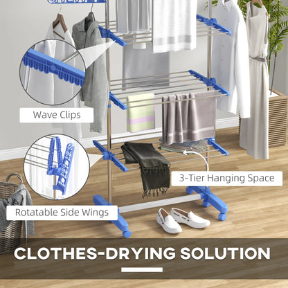 3-Tier Clothes Drying Rack, Stainless Steel Laundry Rack with 2 Side Wings and 6 Castors, Collapsible Adjustable Clothes Airer for Indoor Outdoor, Blue Bath Accessories at Gallery Canada